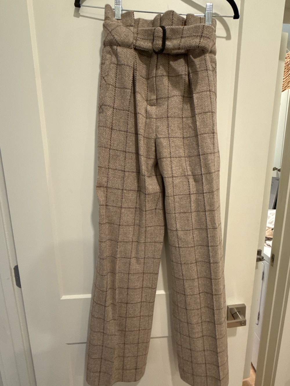 Sezane Wool Plaid High-Waist Wide-Leg Pants with Belt